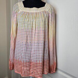 LC Lauren Conrad Checkered Gingham Blouse Multicolor Long Balloon Sleeves Size M